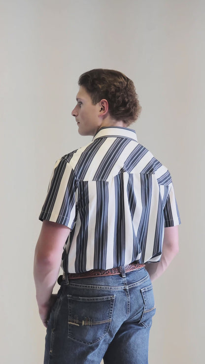 Panhandle Slim Men's Black And Cream Striped Short Sleeve Snap Western Shirt