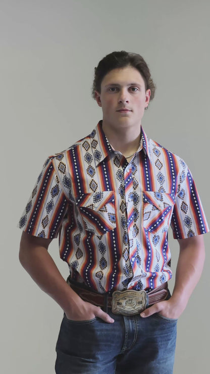 Rock&Roll Men's Aztec Printed Short Sleeve Snap Western Shirt