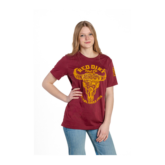 Red Dirt Hat Co Unisex Burgundy Long Horn Skull Graphic T-Shirt