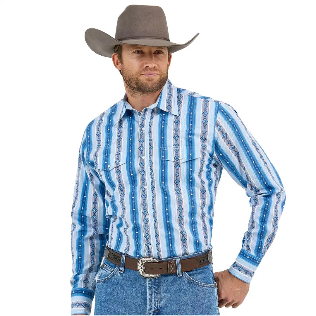 Wrangler Mens Checotah Long Sleeve Classic Fit Western Shirt Sea Salt Blue
