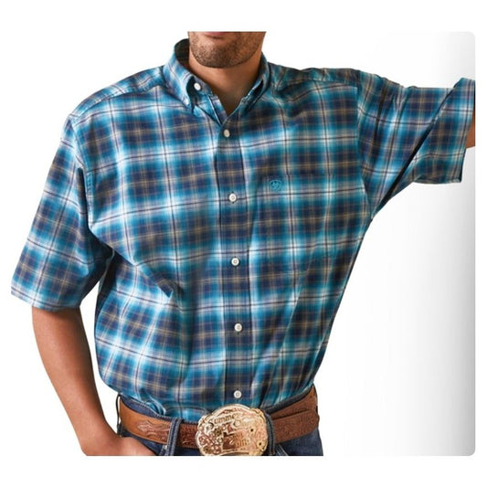 Ariat Men’s Shirt Casual Pro Short Sleeve Kenneth Blue Plaid 10043645 - Ariat