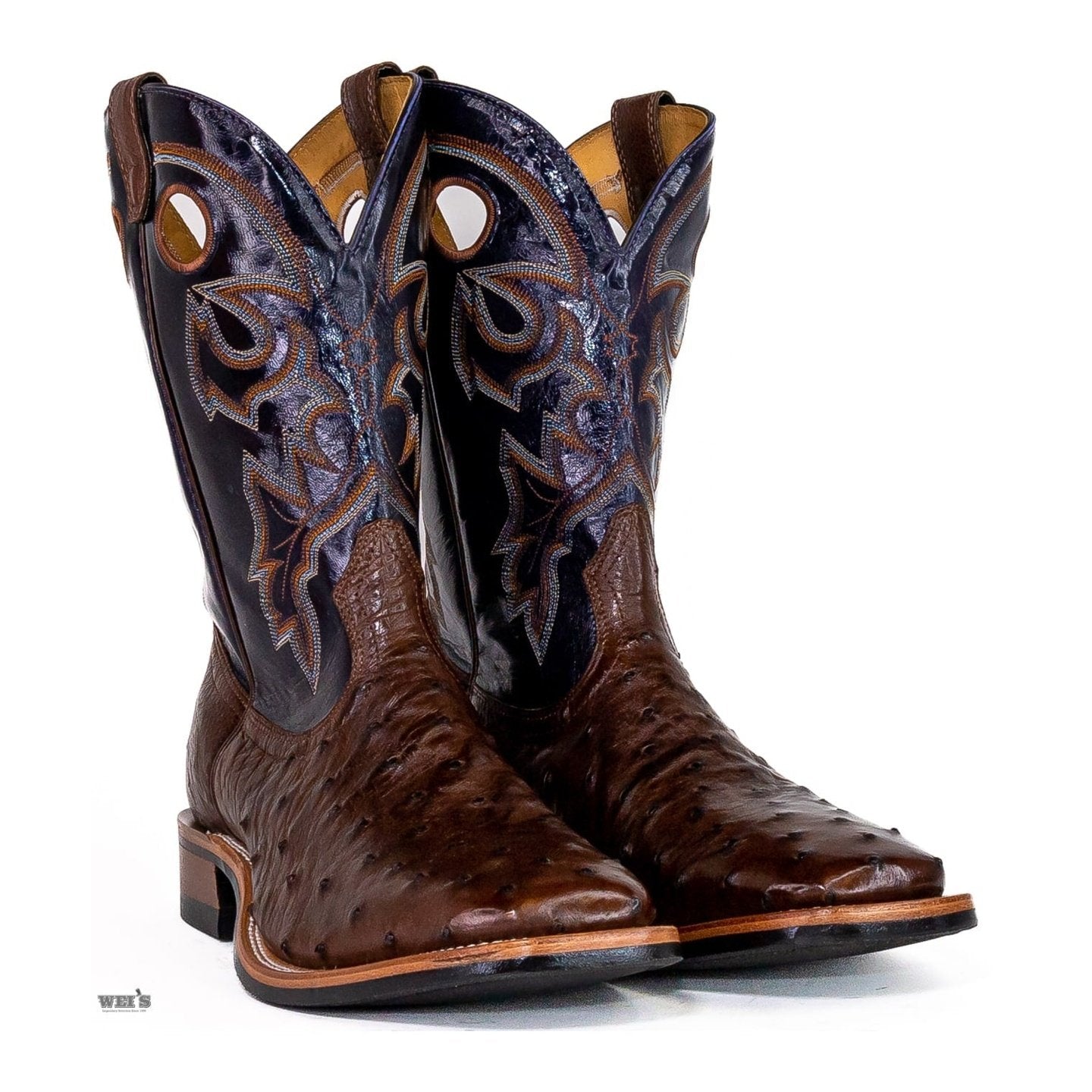 Boulet Men's Cowboy Boots 13" Exotic Ostrich Wide Roper Heel Square Toe 9518