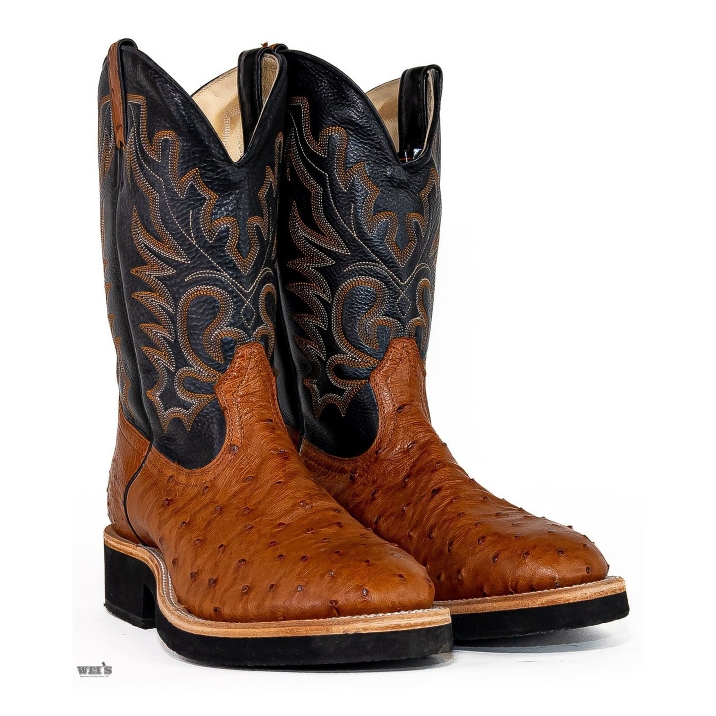 Boulet Men's Cowboy Boots 14" Exotic Ostrich Roper Heel U Toe Crepe Sole 2308