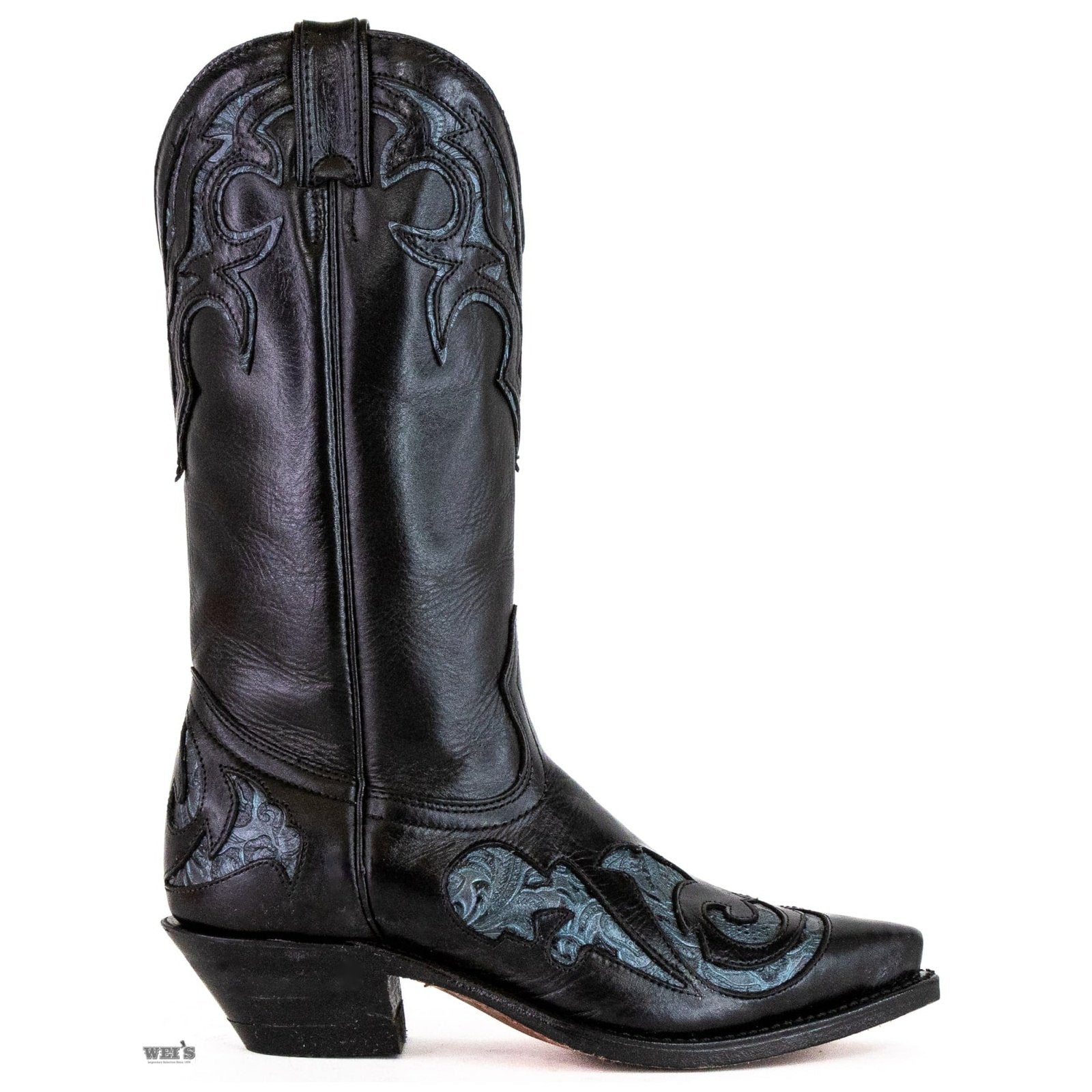 Boulet Women's Cowgirl Boots 11" Cowhide Teal Inlay Snip Toe Cowboy Heel 1667