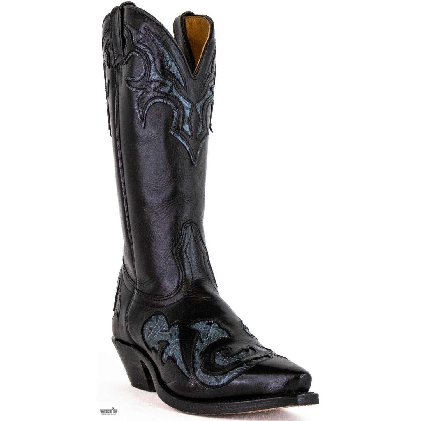 Boulet Women's Cowgirl Boots 11" Cowhide Teal Inlay Snip Toe Cowboy Heel 1667