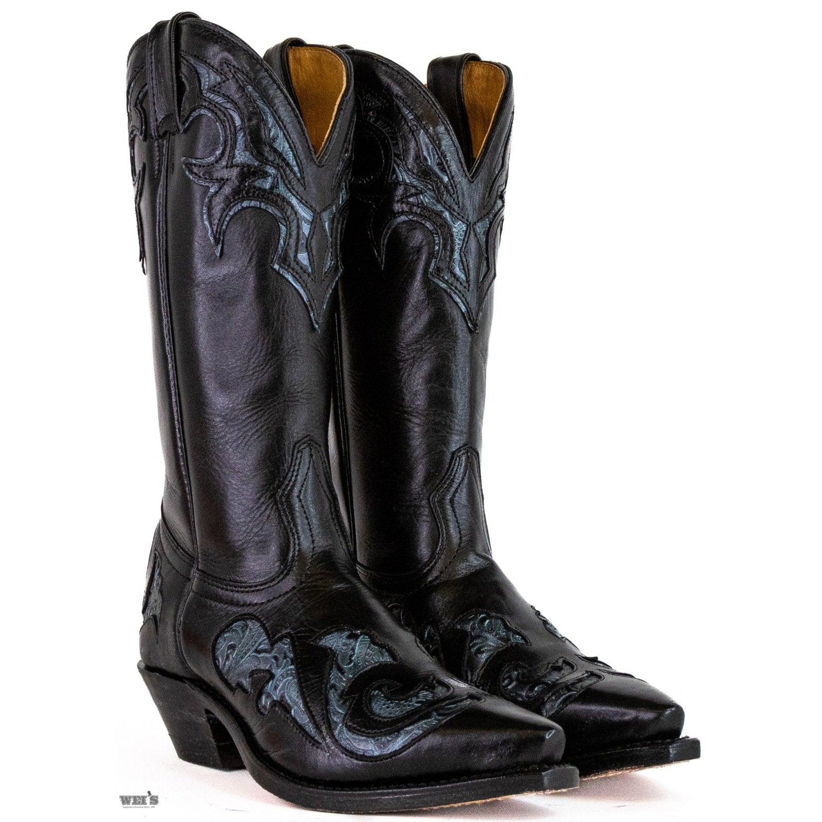 Boulet Women's Cowgirl Boots 11" Cowhide Teal Inlay Snip Toe Cowboy Heel 1667