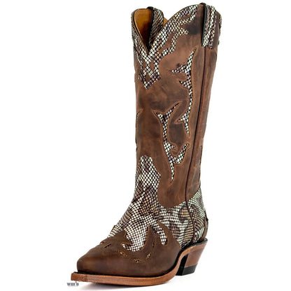 Boulet Women's Cowhide Faux Snake Print Cowboy Boot 1634 -Clearance