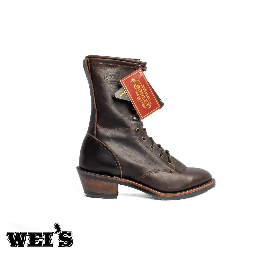 Boulet 8099 11-inch leather packer boot in brown, three-quarter front view.