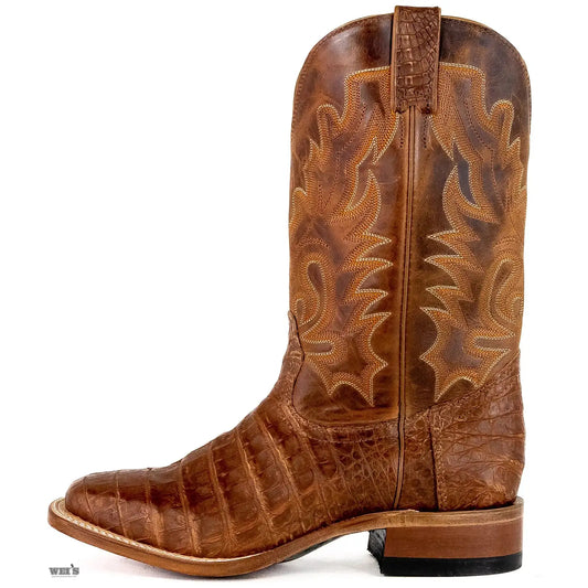 Boulet exotic Caiman belly wide square toe boot in brown, side profile view.