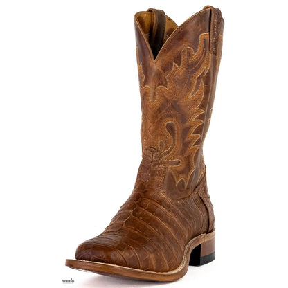 Boulet exotic Caiman belly wide square toe boot in brown, three-quarter front view.