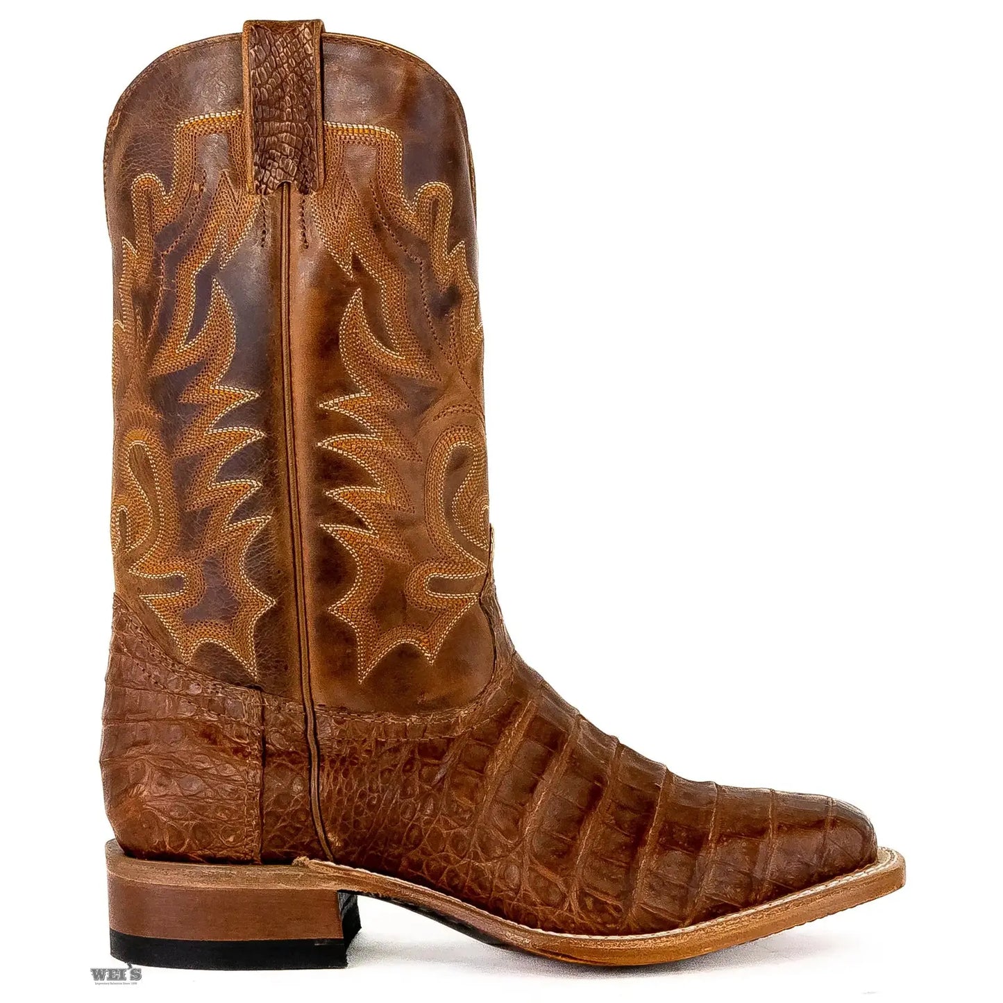 Boulet exotic Caiman belly wide square toe boot showing a close-up of the textured Caiman alligator leather foot.