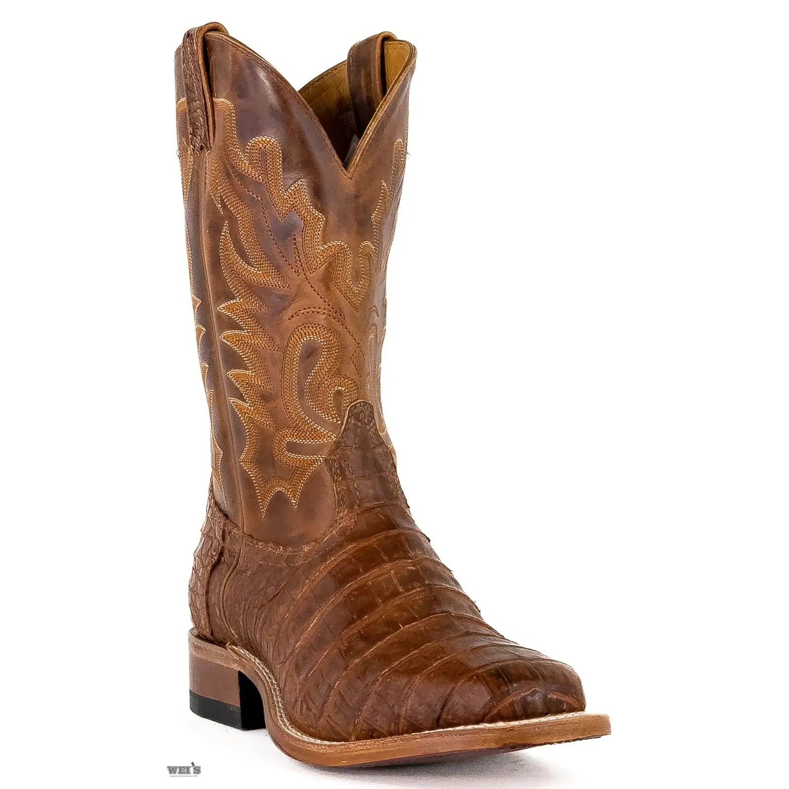 Boulet exotic Caiman belly wide square toe boot showing intricate western stitching on the leather shaft.