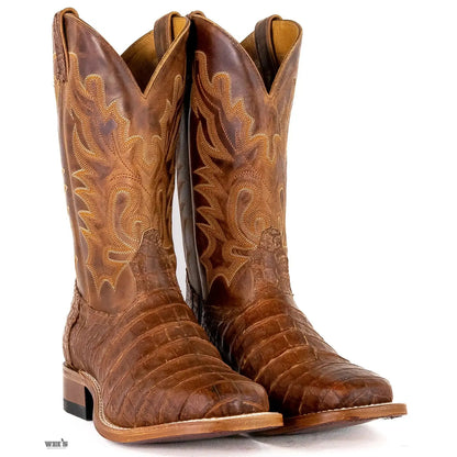 Boulet exotic Caiman belly wide square toe boot, bottom-up view of the heavy-duty leather outsole.