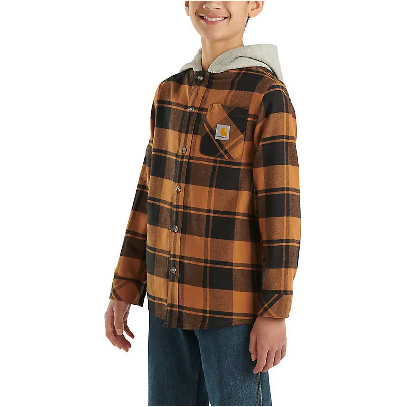 Carhartt Boy's Long-Sleeve Flannel Button-Front Hooded Shirt Brown TW8198-B