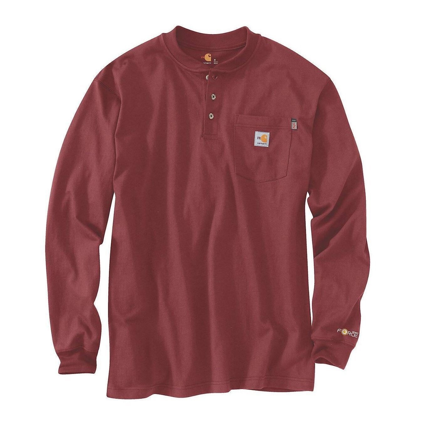 Carhartt Men's Flame-Resistant Force Cotton Long Sleeve Henley In Dark Barn Red 100237-DBD - Carhartt