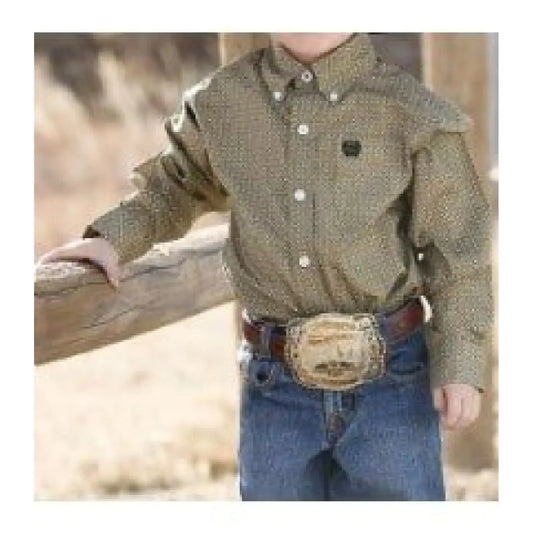 Cinch Boy’s Shirt Long Sleeve Button Down Khaki Pattern