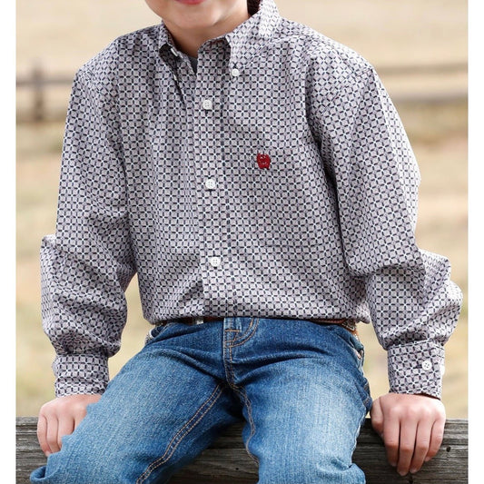 Cinch Boy’s Western Shirt Button Down Geometric Print Navy/Red Match Dad