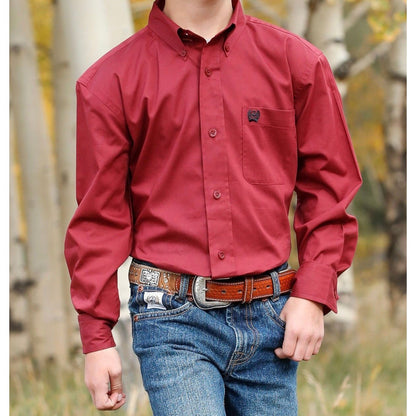 Cinch Boy’s Western Shirt Button Down Solid Red Match Dad