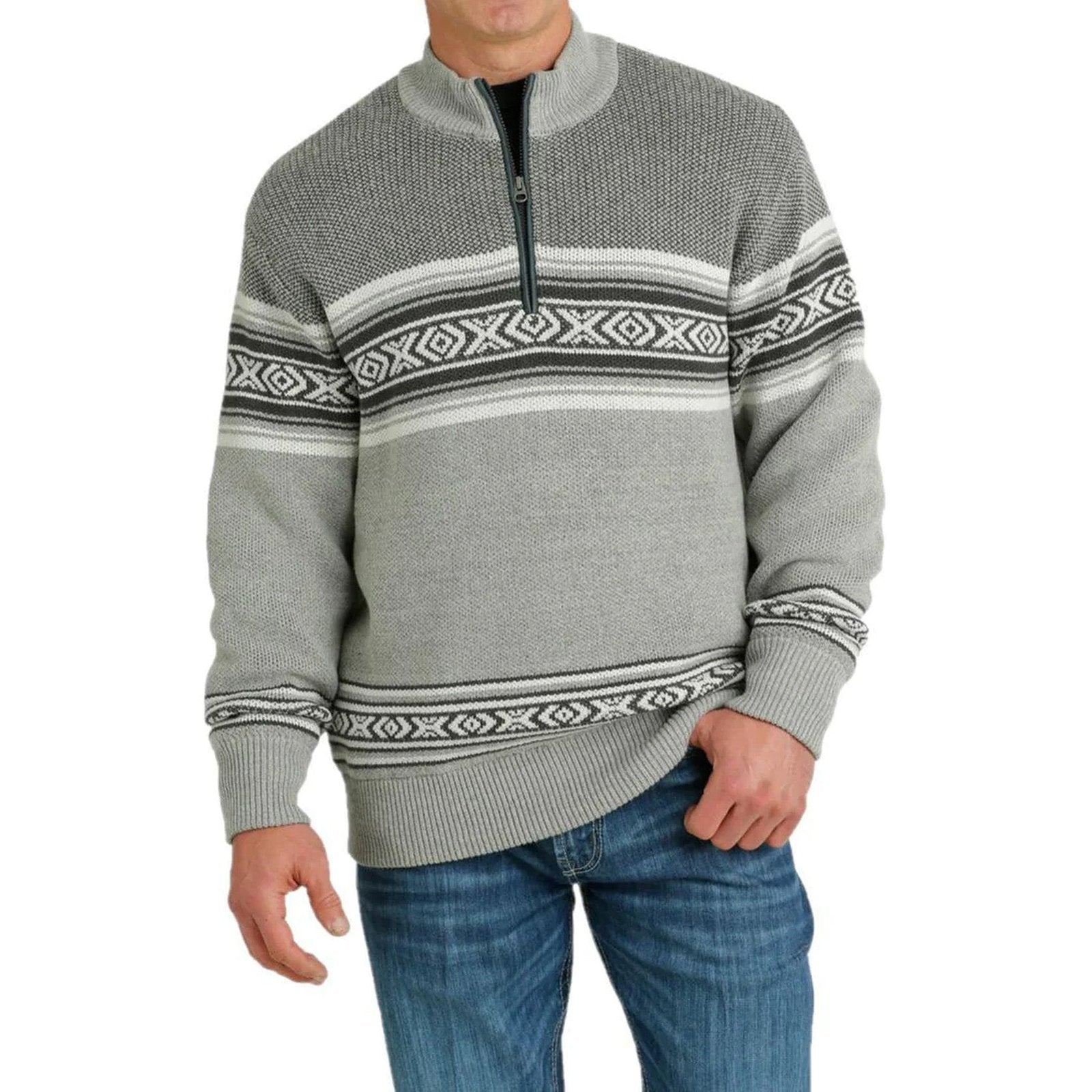 Cinch Men's Grey Aztec Print Quarter Zip Knit Pullover MWK1560004