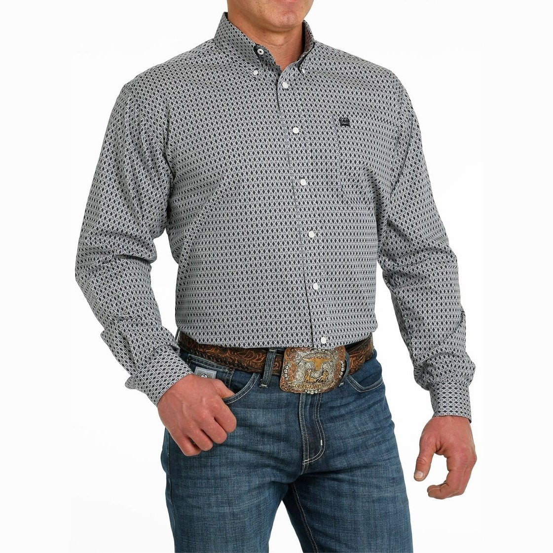 Cinch Men’s Shirt Casual Button-Down Geometric Grey Print MTW1105518