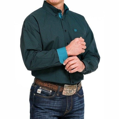 Cinch Men’s Shirt Casual Long Sleeve Black/Teal Geometric Button-Down