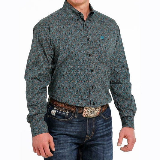 Cinch Men’s Shirt Casual Long Sleeve Button-Down Geometric Black/Orange