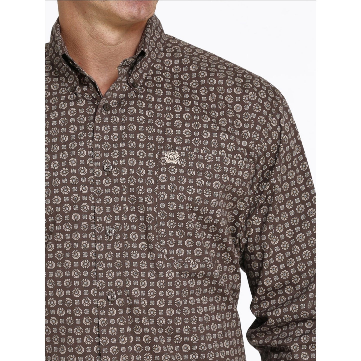 Cinch Men’s Shirt Long Sleeve Stretch Brown Geometric Print MTW1105425