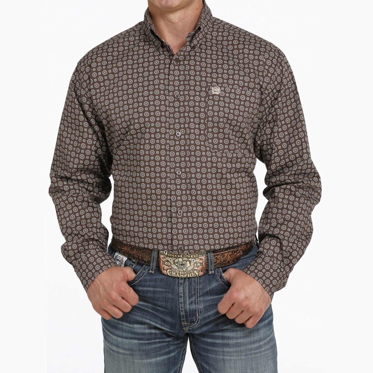 Cinch Men’s Shirt Long Sleeve Stretch Brown Geometric Print MTW1105425