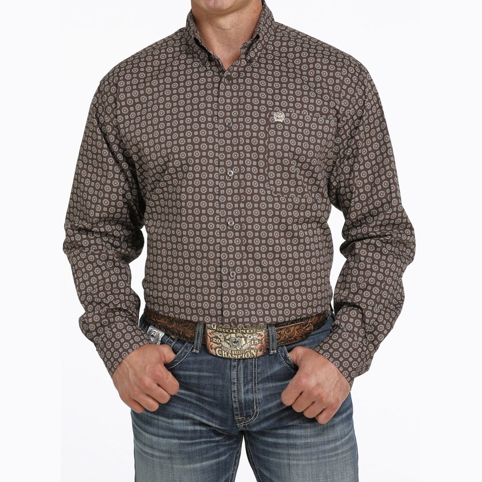 Cinch Men’s Shirt Long Sleeve Stretch Brown Geometric Print MTW1105425