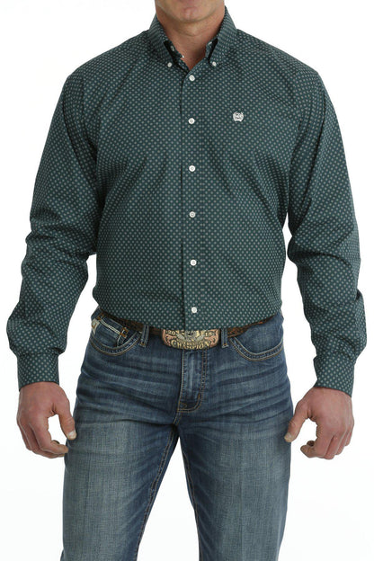 Cinch Men's Western Shirt Geometric Print Button- Down Long Sleeve Green/White MTW1105708 - cinch