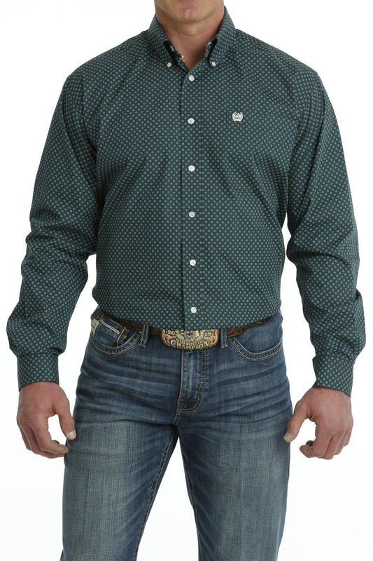 Cinch Men's Western Shirt Geometric Print Button- Down Long Sleeve Green/White MTW1105708