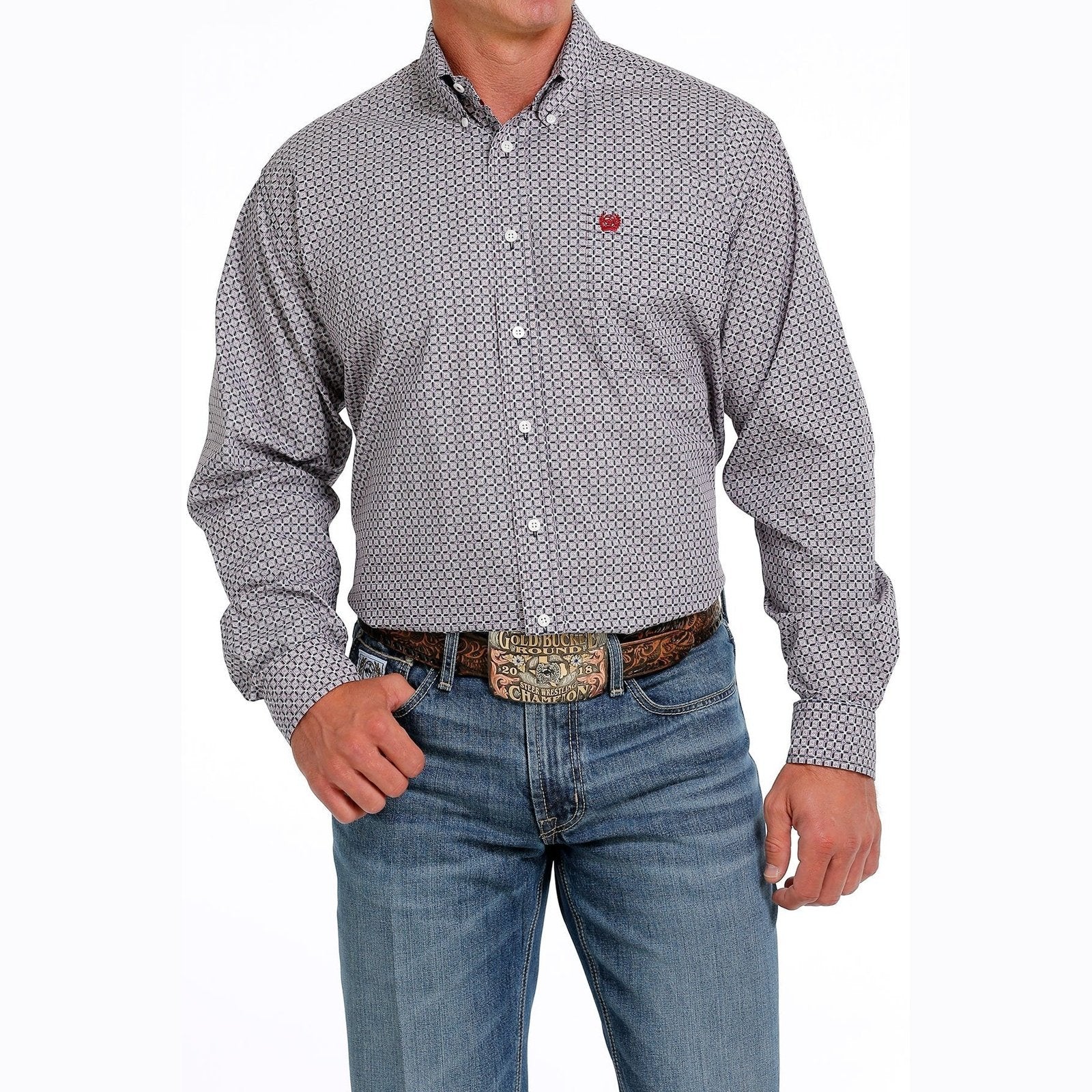 Cinch Men’s Western Shirt Geometric Print Geometric Button Down Blue/Red Match Dad MTW1105619