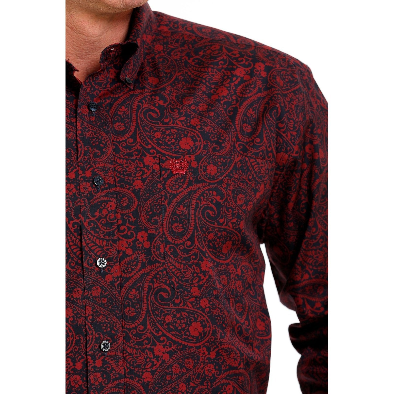 Cinch Men’s Western Shirt Red Paisley Button Down Navy/Red MTW1105626