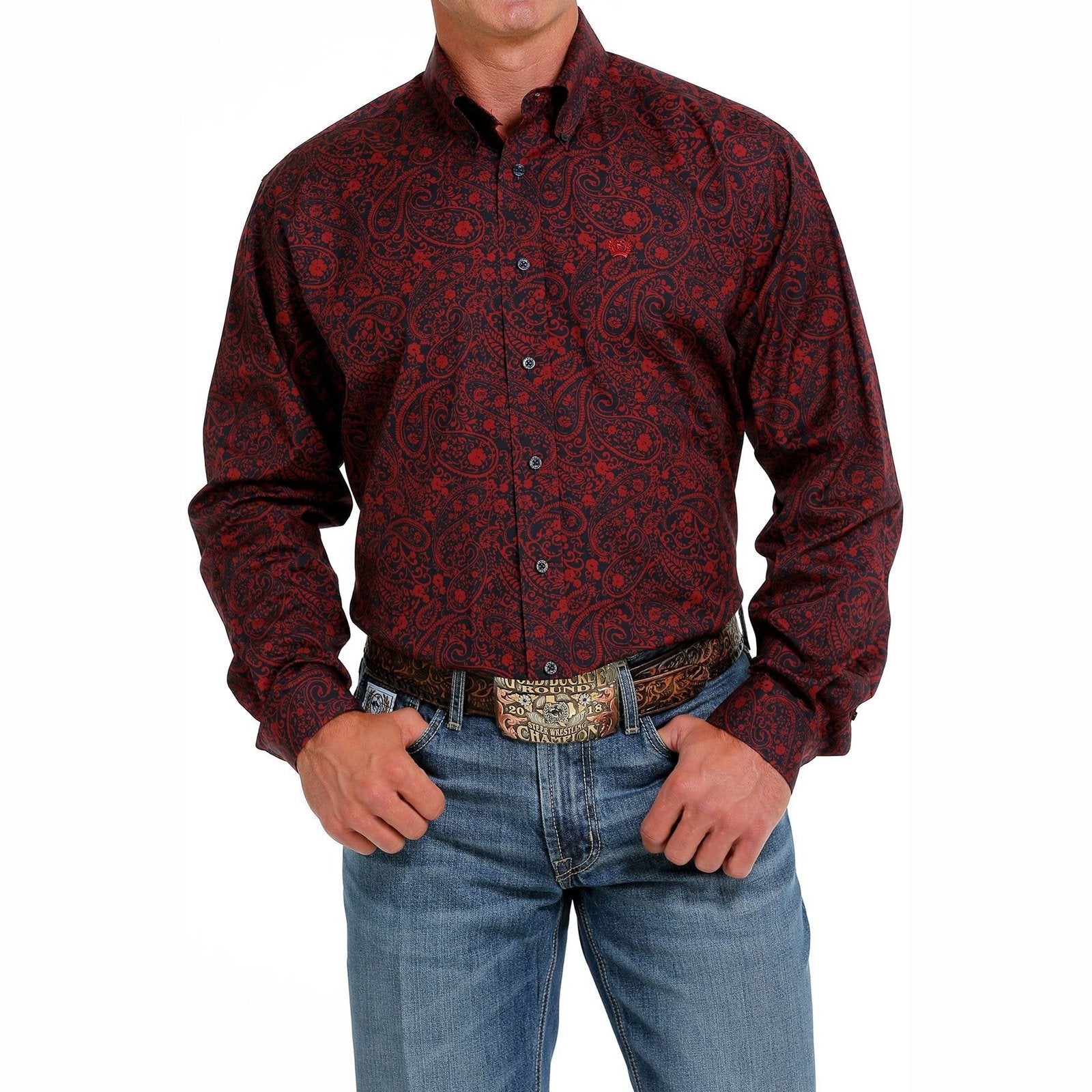 Cinch Men’s Western Shirt Red Paisley Button Down Navy/Red MTW1105626