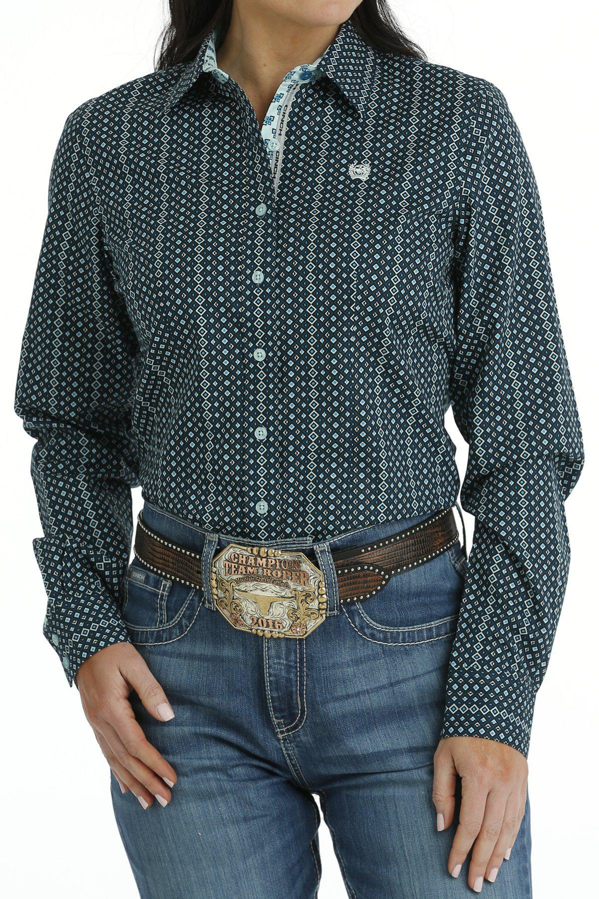 Cinch Women's Button Down Western Shirt In Blue Diamond Print