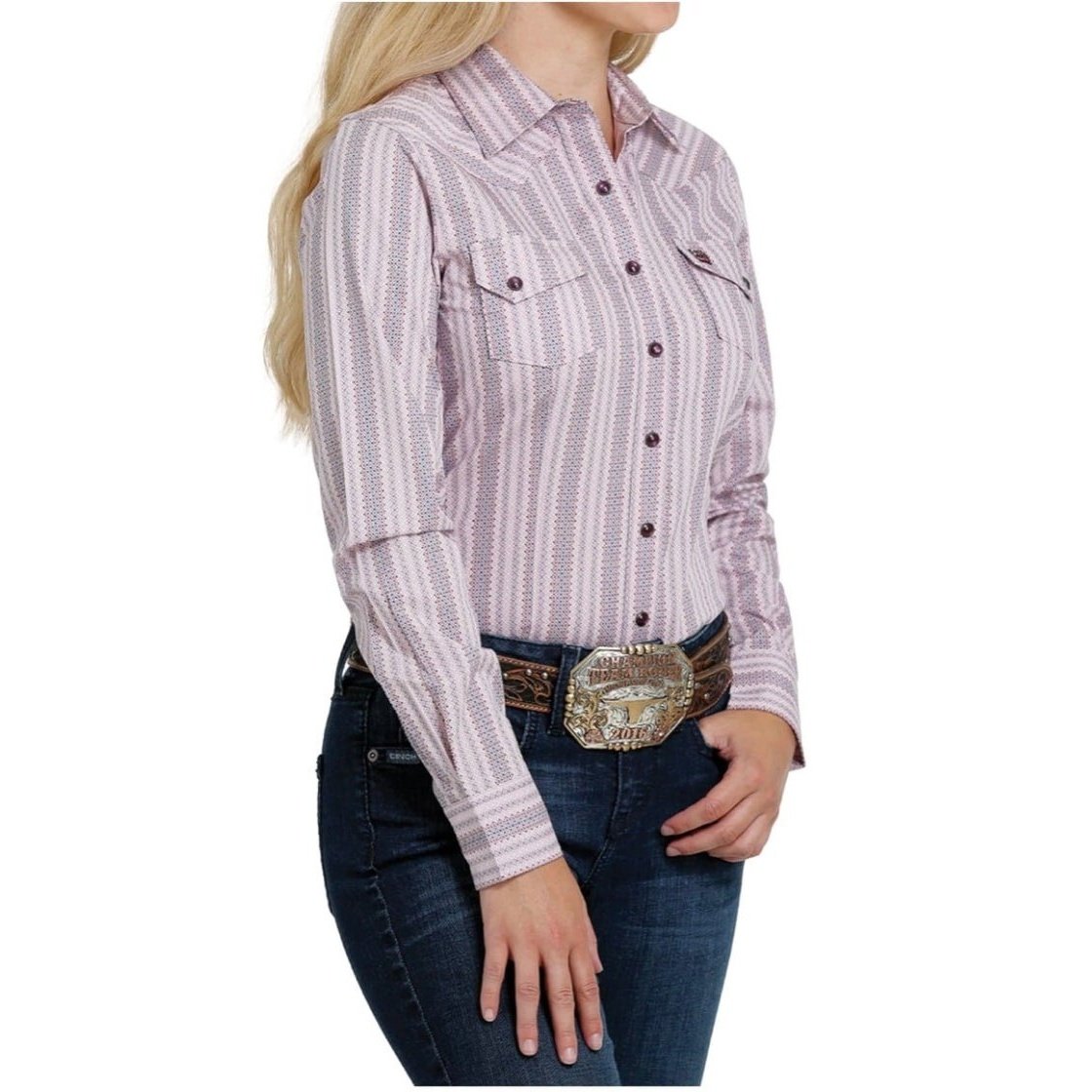 Cinch Women’s Shirt Long Sleeve Arenaflex Blush Pink Stripe MSW9201024 PUR - Cinch