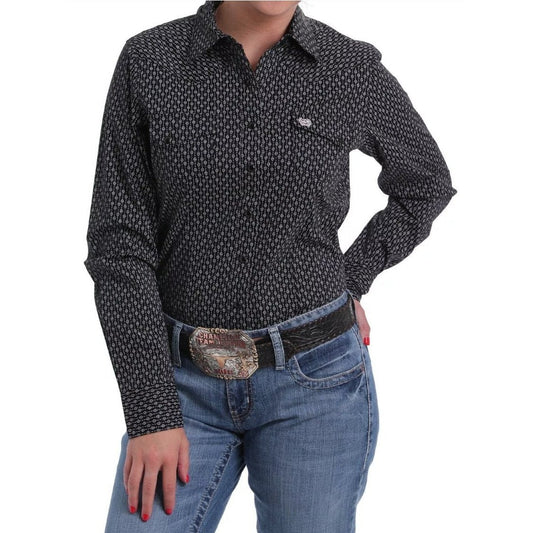 Cinch Women’s Western Shirt Black Print with Snaps MSW9201009 BLK- Clearance