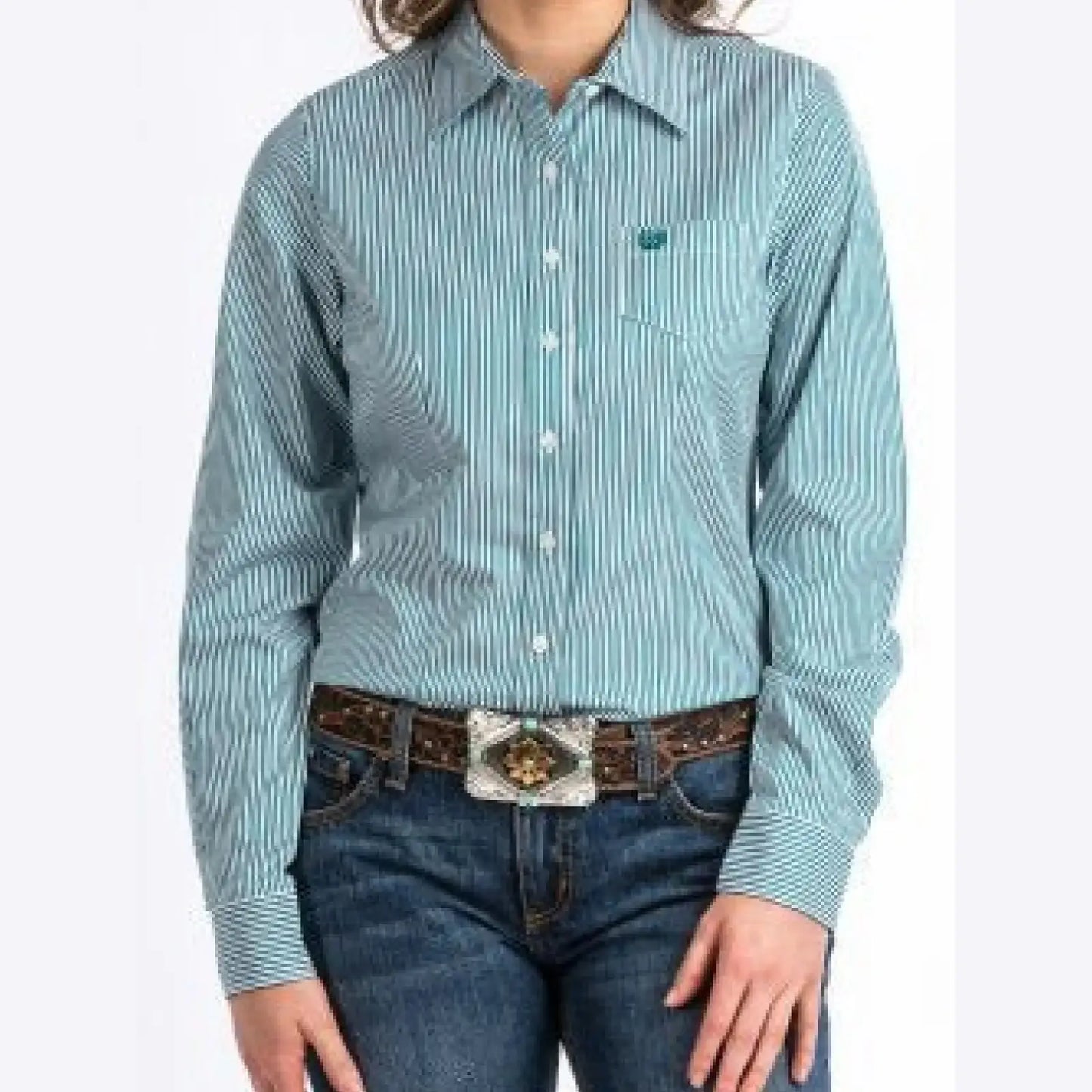 Cinch Women’s Western Shirt Teal And White Stripe Button Up MSW9164088 TEA - Cinch