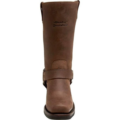 Harley-Davidson Hustin 11.5-inch leather engineer boot in brown, three-quarter front view.