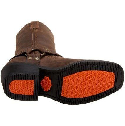Harley-Davidson Hustin 11.5-inch leather engineer boot, close-up of the metal ankle buckle and embossed logo.