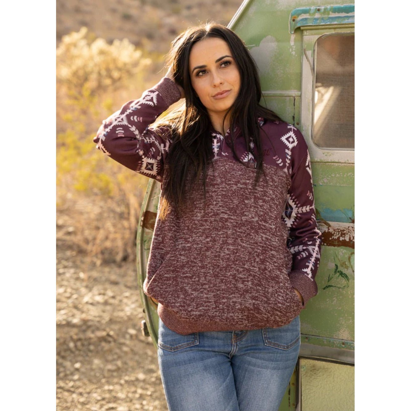 Hooey Women's Hoodie "Jimmy" Charcoal/ Maroon W/ Aztec HH1202CHMA