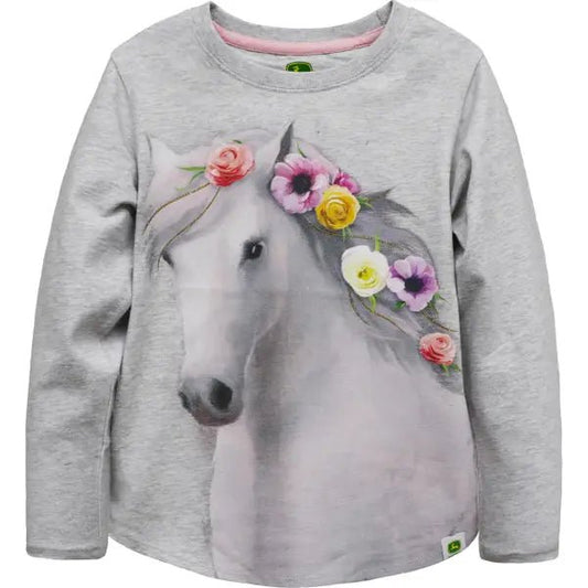 John Deere Girl’s Shirt Long Sleeve Flower Horse J2T471HC - John Deere