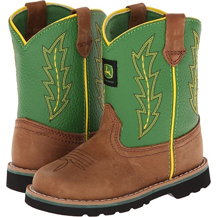 John Deere kid's classic western pull-on boot in tan and brown leather, side profile.