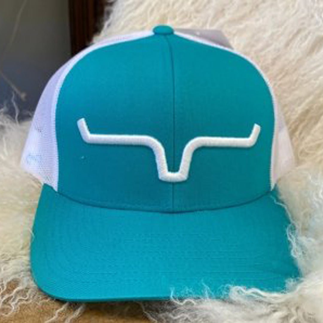 Kimes Ranch Weekly Trucker Cap 6 Panel Curved Bill Teal/White