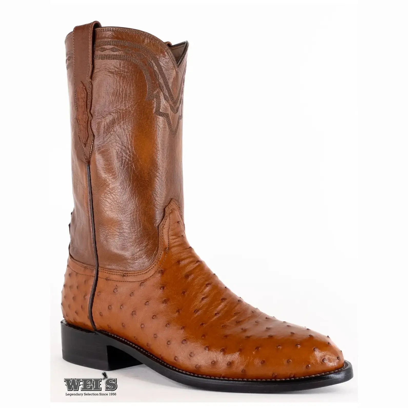 Lucchese 2000 exotic full-quill ostrich roper boot in brown, side profile view.