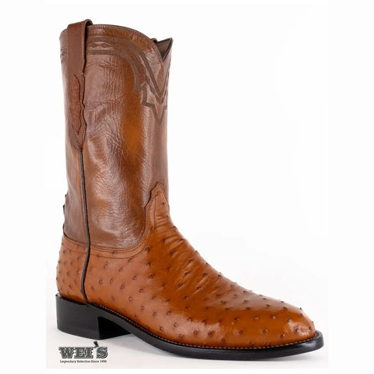 Lucchese 2000 exotic full-quill ostrich roper boot in brown, side profile view.