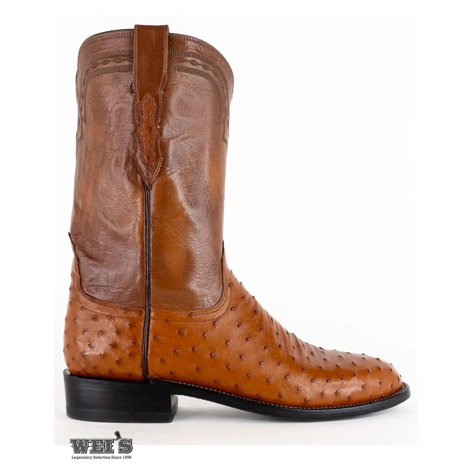 Lucchese 2000 exotic full-quill ostrich roper boot in brown, three-quarter front view.