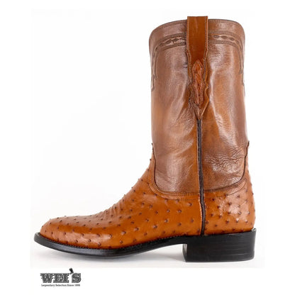 Lucchese 2000 exotic full-quill ostrich roper boot showing detailed western stitching on the leather shaft.