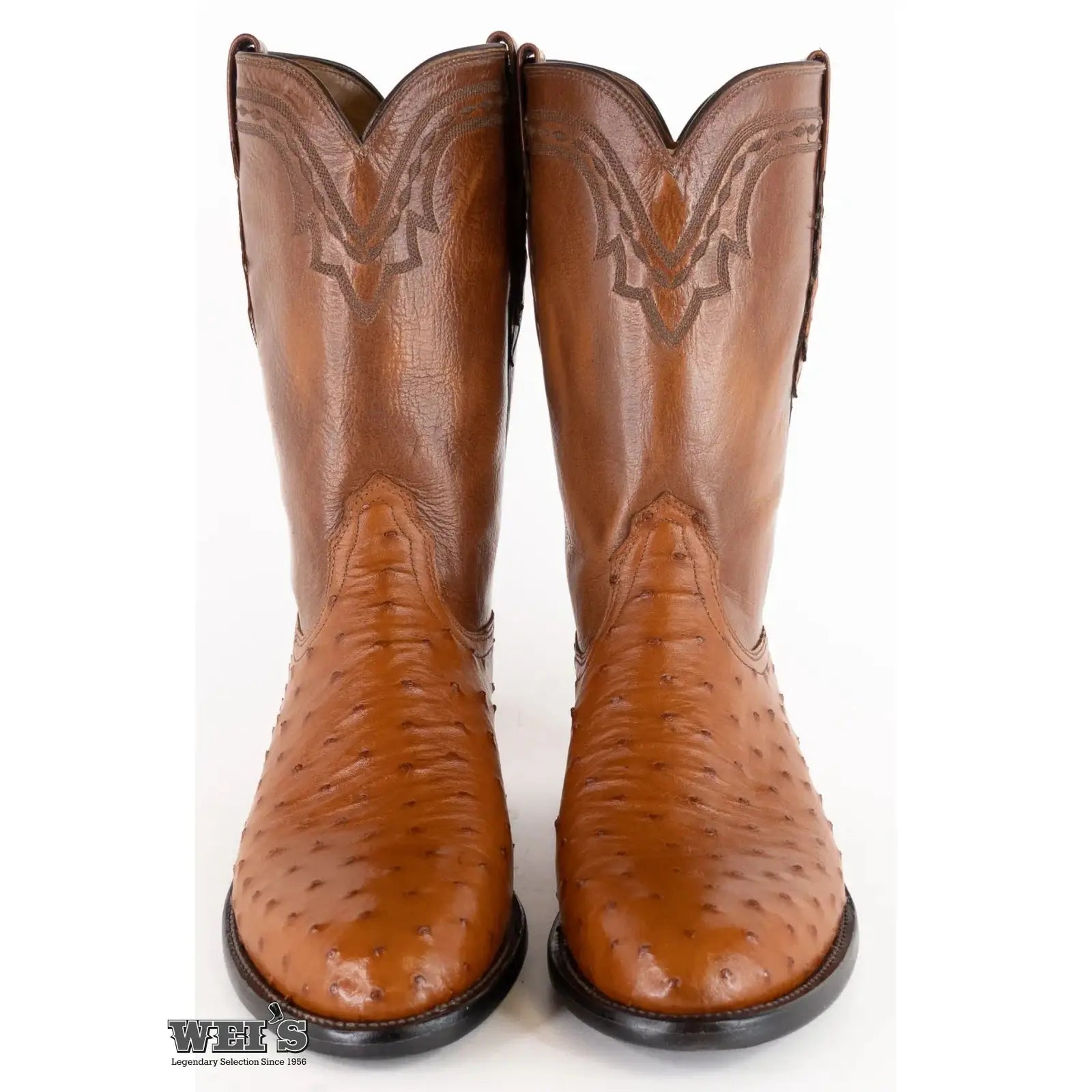 Lucchese 2000 exotic full-quill ostrich roper boot, back view showing the clean heel profile and collar.