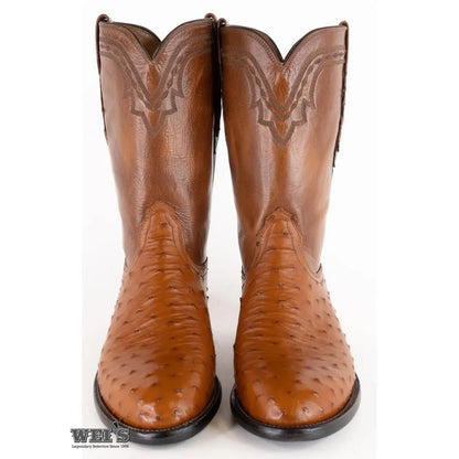 Lucchese 2000 exotic full-quill ostrich roper boot, back view showing the clean heel profile and collar.